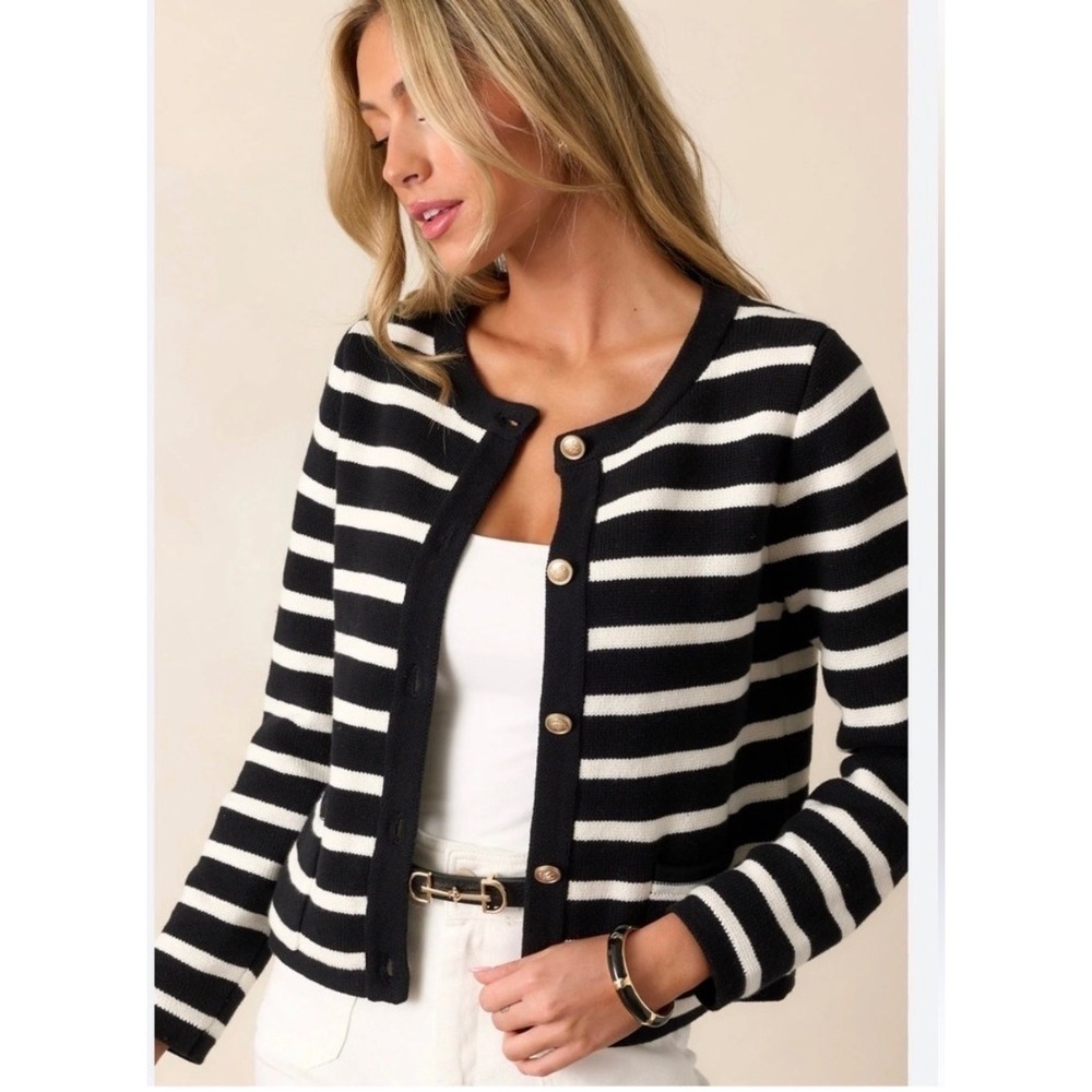 J.Crew Emilie Cardigan Sweater Womens Large Black White Excellent Gold Buttons